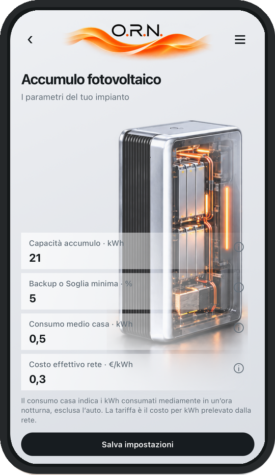 Configurazione accumulo con capacità, soglia minima e consumi domestici