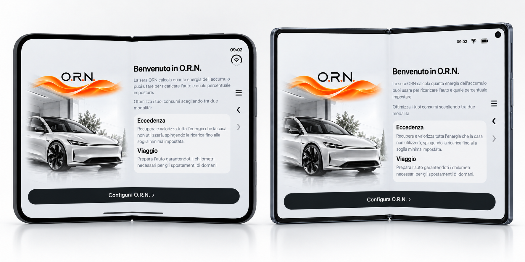 Presentazione di O.R.N. su due dispositivi pieghevoli con la schermata di benvenuto in italiano